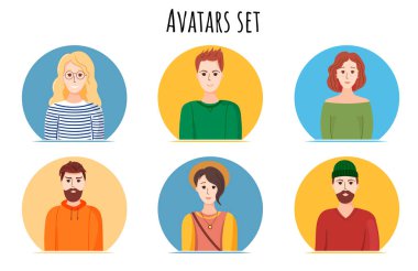Görseller ayarlandı. Farklı genç erkekler ve kızlar gülümsüyor. Vektör illüstrasyonu.