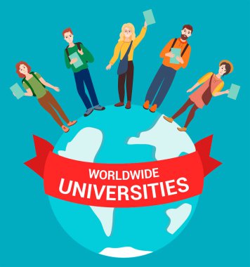 Farklı ülkelerden gelen mutlu öğrencilerin diplomaları var, dünya üzerinde duruyorlar, kırmızı kurdeledeki yazı, dünya çapında üniversiteler. Yurtdışında eğitim konusunda vektör modern illüstrasyon.