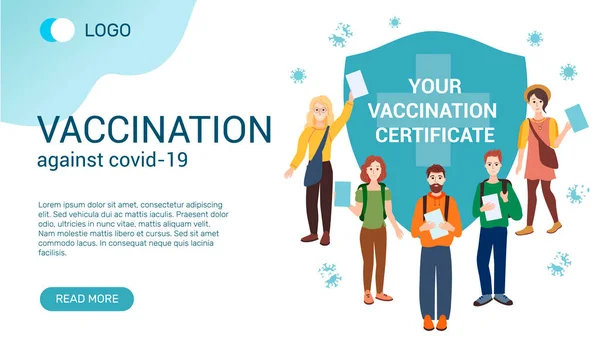 Webb Banner Mall För Vaccination Mot Covid Glada Ungdomar Står — Stock vektor