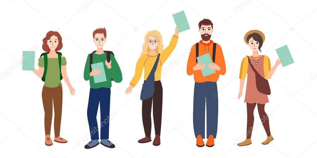 Happy students are holding diplomas in their hands. A group of university graduates on a white background.