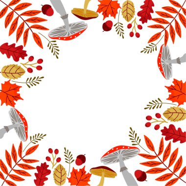 Vektör sonbahar kartı sınır çerçevesi. Renkli sonbahar yaprakları, mantarlar ve meyveler. Dekoratif tebrik kartı.