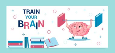 Beyin eğitimi. Beyin bir halteri kitaplarla kaldırır. Metin- Beynini eğit. Web pankartı ya da iniş sayfası şablonu.