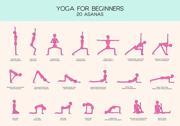 Yoga para principiantes plantea conjunto de figuras palo — Vector de stock