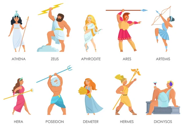 Ensemble vectoriel de panthéon olympique. Dieux grecs et déesses style dessin animé — Image vectorielle