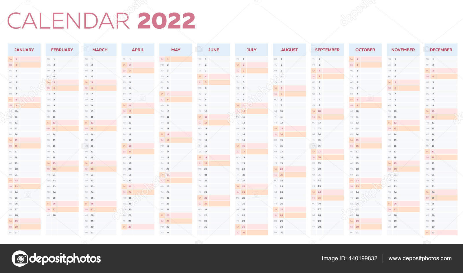 The 2022 Calendar Planner Template With Vertical Monthly Columns Stock Vector Image By C Mooo 440199832