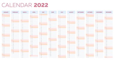 Dikey aylık sütunları olan 2022 takvim planlayıcı şablonu