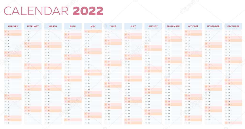 The 2022 calendar planner template with vertical monthly columns