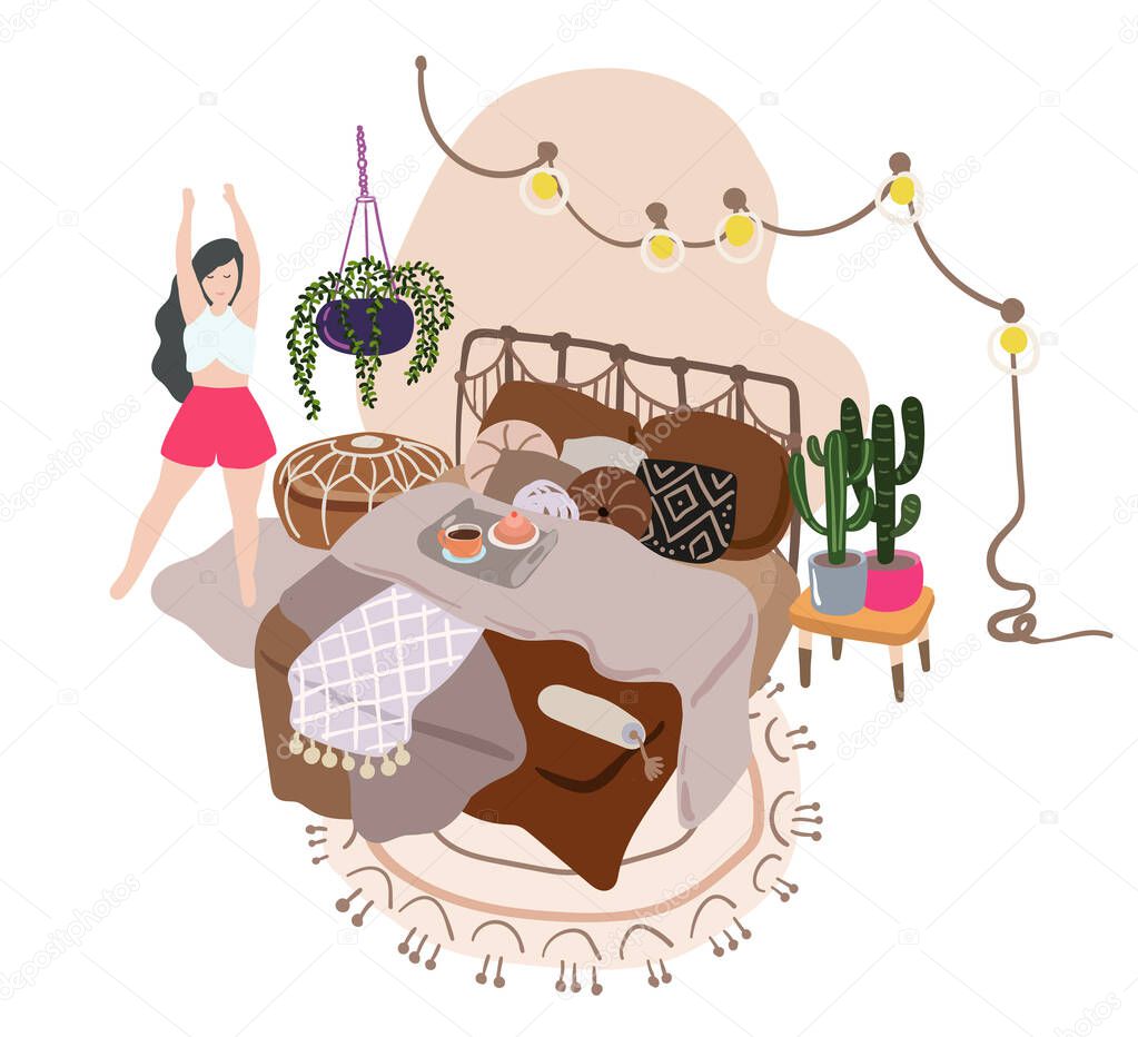 Stay home morning routine vector drawing with boho interior design and yoga girl