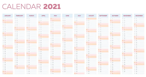 Šablona kalendáře 2021 s vertikálními měsíčními sloupci — Stockový vektor