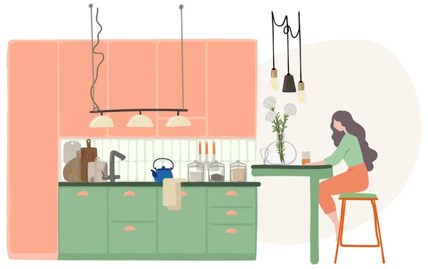 Vector tekening van vrouw zitten in de keuken, thuis te blijven concept — Stockvector