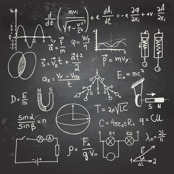 Physical formulas and drawings on a chalkboard — Stock Vector