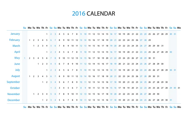 Линейный календарь 2016 года — стоковый вектор