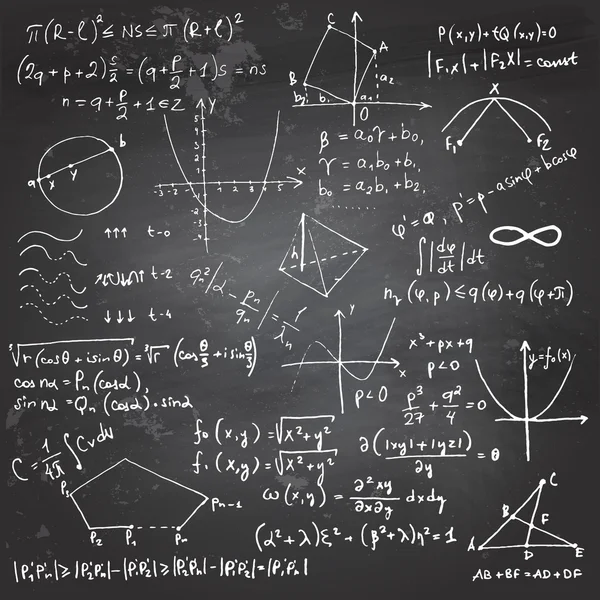 Wiskundige formules en tekeningen op een schoolbord — Stockvector