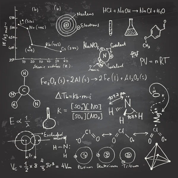 Wzory chemiczne i rysunki na tablicy szkolnej — Wektor stockowy