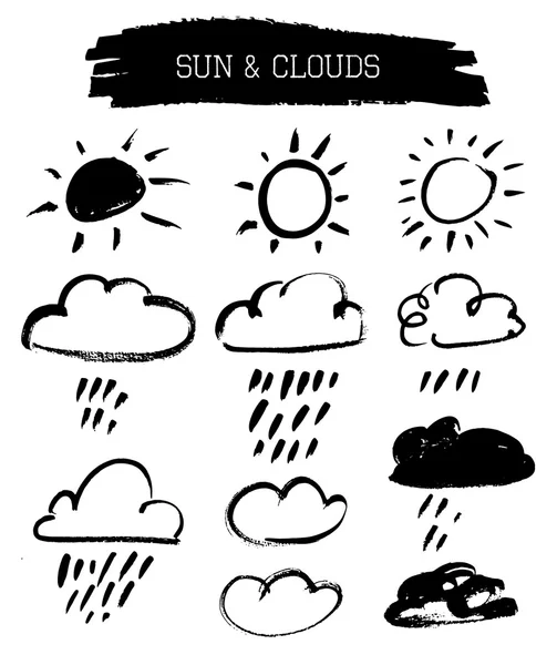 Doodle grunge zon en wolken — Stockvector