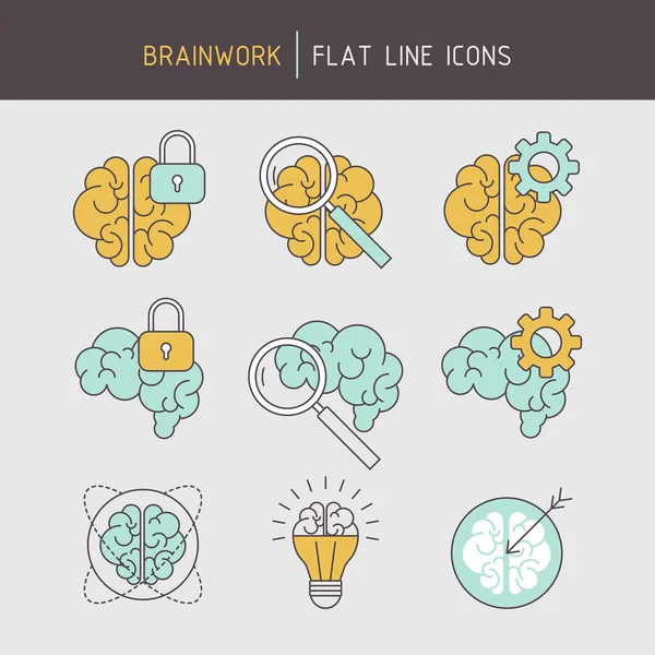 Conjunto de iconos de trabajo cerebral de línea plana — Archivo Imágenes Vectoriales