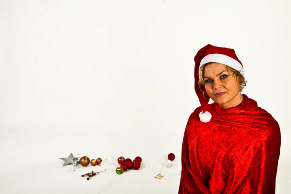 Santa menina com bolas de Natal — Fotografia de Stock