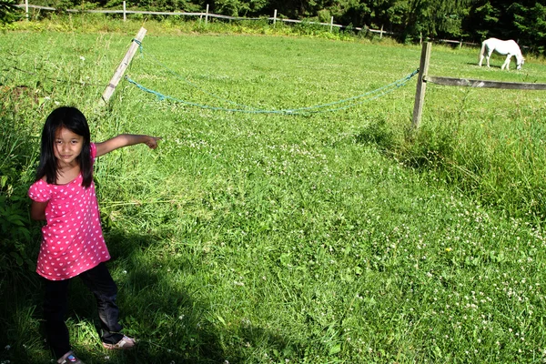 Fille pointant vers le cheval — Photo