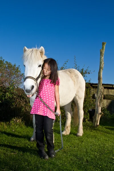 Flicka med en vit häst — Stockfoto