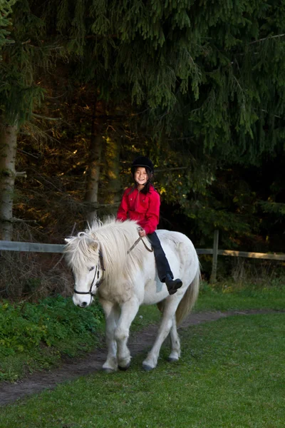 Girl ridding a white horse — Stock Photo, Image