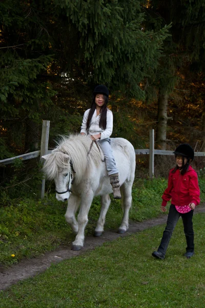 Chica montando un caballo blanco — Foto de Stock