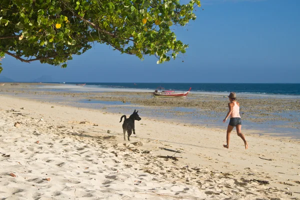 Kutya és a lány a strandon — Stock Fotó