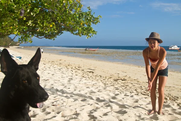 Cane e ragazza in spiaggia — Foto Stock