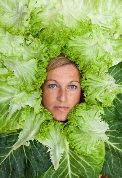 Mulher com folhas de salada dispostas em torno de seu rosto — Fotografia de Stock