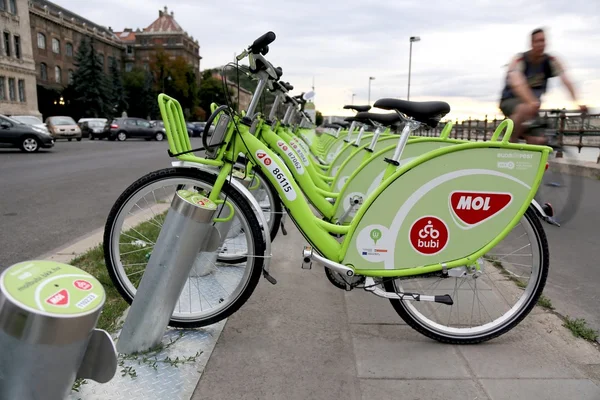 Bicicletas en la estación de atraque de un sistema público para compartir bicicletas. Un hombre está en bicicleta en el fondo . Fotos De Stock Sin Royalties Gratis