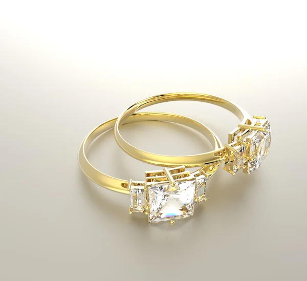 Anelli nuziali dorati con diamanti.. rendering 3D — Foto Stock