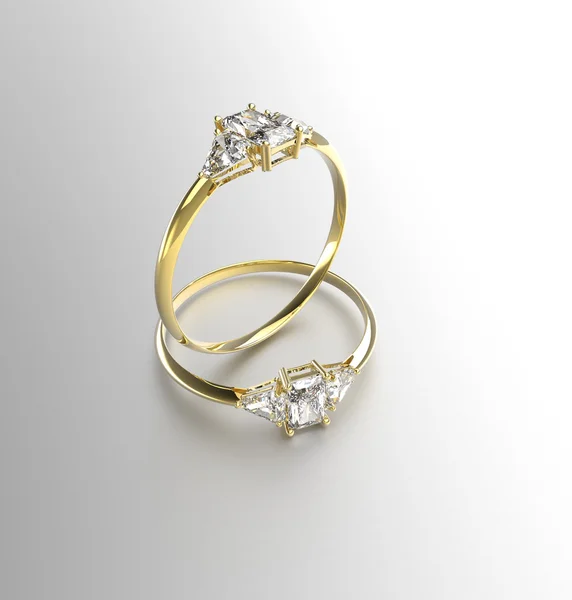 Två guld vigselringar med diamanter. 3D illustration — Stockfoto