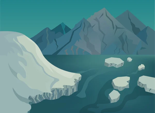 Paesaggio con montagne innevate, lago blu e banchi di ghiaccio — Vettoriale Stock