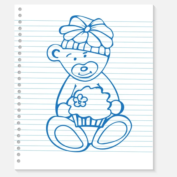 Sketch bear with cake on a notebook — Stock Vector