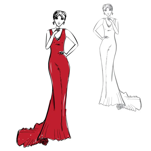 Vrouw in een lange rode jurk — Stockvector