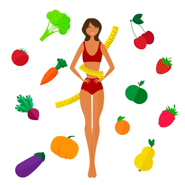 Slim black girl, fresh fruits and vegetables. Proper lifestyl — Stock Vector