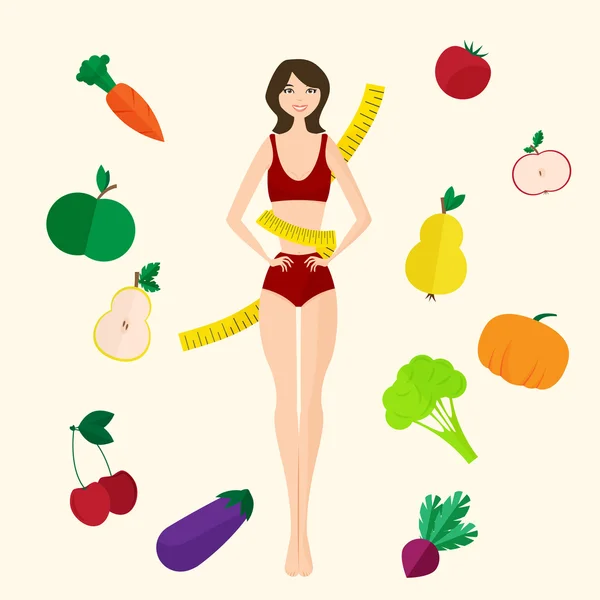 Ragazza magra, frutta e verdura fresca. Uno stile di vita adeguato — Vettoriale Stock