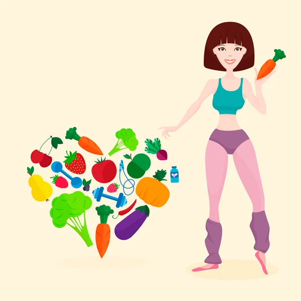 Slim athletic girl, fresh vegetables and fruits, proper lifes — Stock Vector