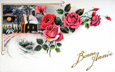 eski kartpostal bir karlı manzara üzerinde kırmızı gül