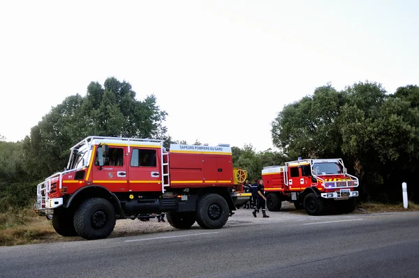 Brandweerauto's bij de ingang van een bos weg — Stockfoto