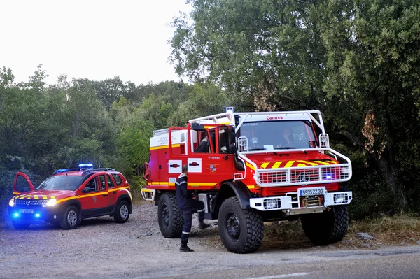 Brandweerauto's bij de ingang van een bos weg — Stockfoto