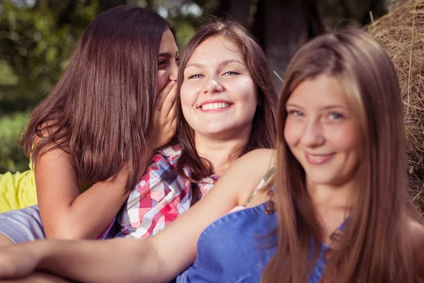 Three girl friends having fun on hay stack — Stock Photo, Image