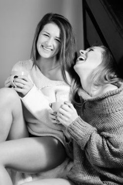 Resim 2 güzel seksi kadın kız arkadaş eğlenmek gülümseyerek mutlu bir kazak üzerine bir battaniye kamera portre seyir sıcak çay içme otururken