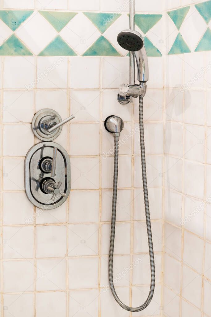 retro Water tap and shower sink with faucet with soap and towel in expensive loft bathroom