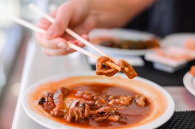 Soslu kızarmış ördek, Çin usulü açık büfede beyaz tabakta.