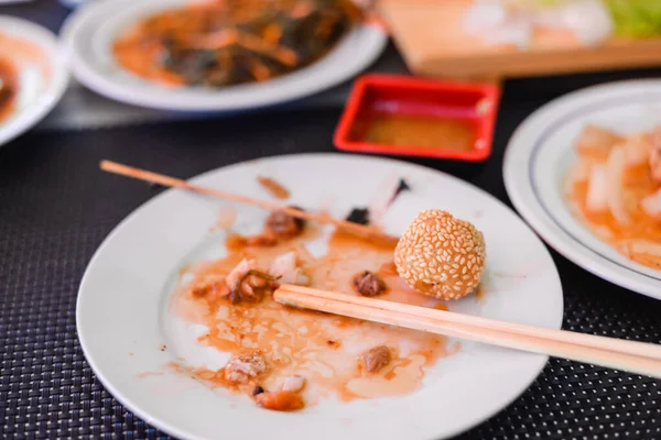 Left Food Wooden Table Chopsticks Chinese Restaurant — Stock Photo, Image