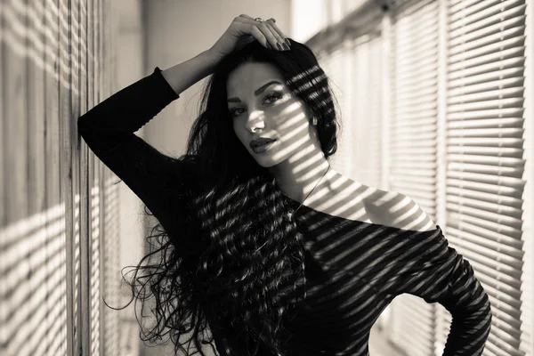 Closeup portrait of beautiful sexy brunette girl having fun sensually looking at camera on sun lighted blinds background black and white picture — Stock Photo, Image