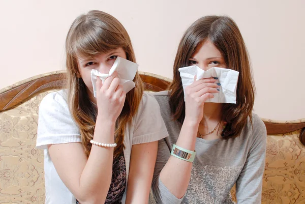 Two girls holding napkin, having fun together looking at camera on sofa copy space background closeup portrait image — Stock Photo, Image