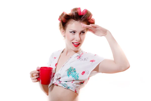 Girl holding red cup of drink — Stock Photo, Image