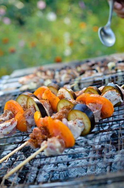 Grilled meat with tomato and aubergine — Stock Photo, Image