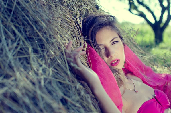 干し草の上に横たわるブルネットの女性 — ストック写真